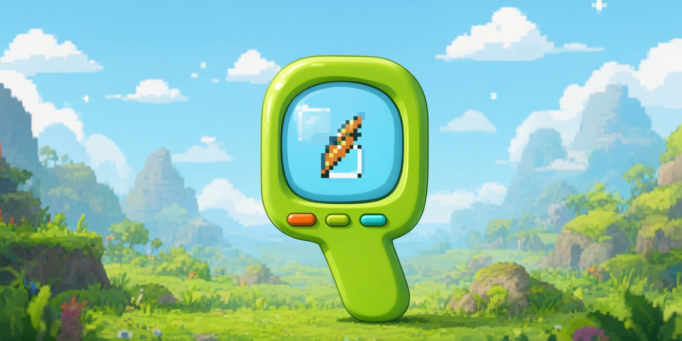Dex, the lime-green field guide, standing in a green valley under a blue sky